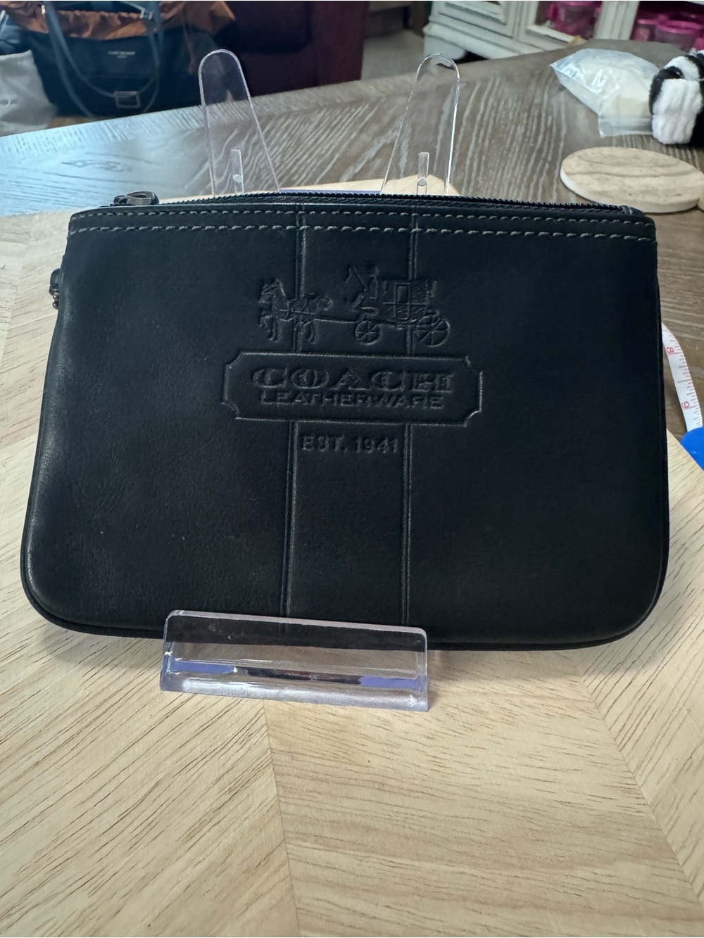 Coach Black Leather carriage Embossed Wristlet Pouch with Tattersall interior